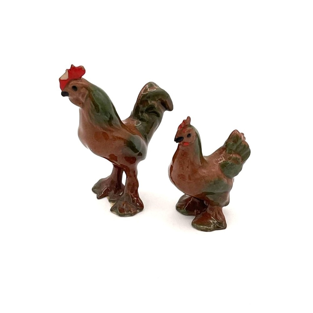 Rooster Hen Chicken Figurine Set Ceramic Miniature Farm Birds Pair